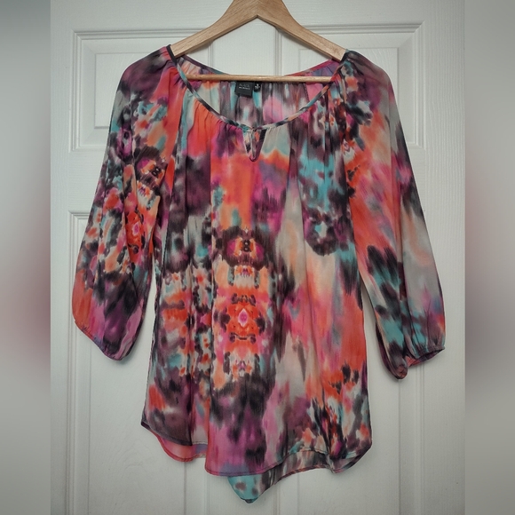 Saks Fifth Avenue Black Label Semi Sheer Multi Coloured Blouse Size Small - Picture 1 of 10